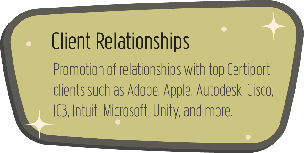 Client Relationships: Promotion of relationships with top Certiport clients such as Adobe, Apple, Autodesk, Cisco, IC3, Intuit, Microsoft, Unity, and more.